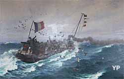 Lâcher de pigeons militaires à bord d'un torpilleur dans la Manche (Paul Jobert, 1895)
