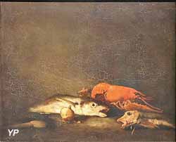 Nature morte aux poissons et au homard, oignon et cuillère en bois (Théodule Ribot)